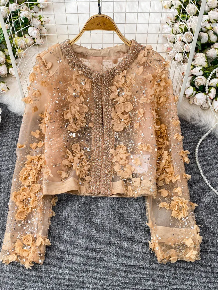 

Heavy Industry Sequined Three-dimensional Stamen Crew Neck Jacket Femininity Slim Top