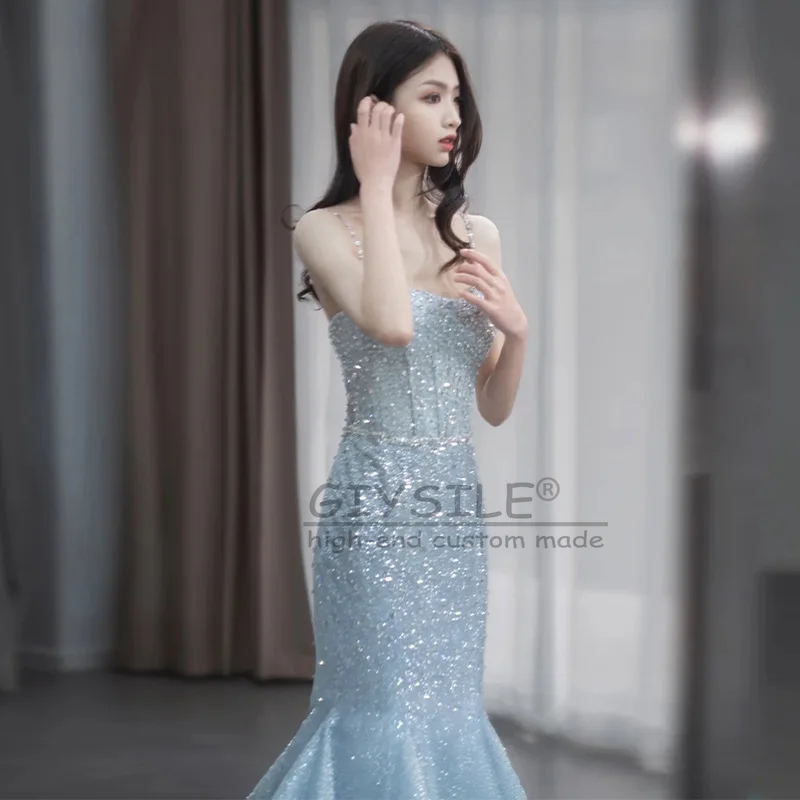 

GIYSILE Customized Fashion Evening Dress 2025 New Gift Princess Blue French Sling Sequins Sleeveless Small Tail Party Dresses