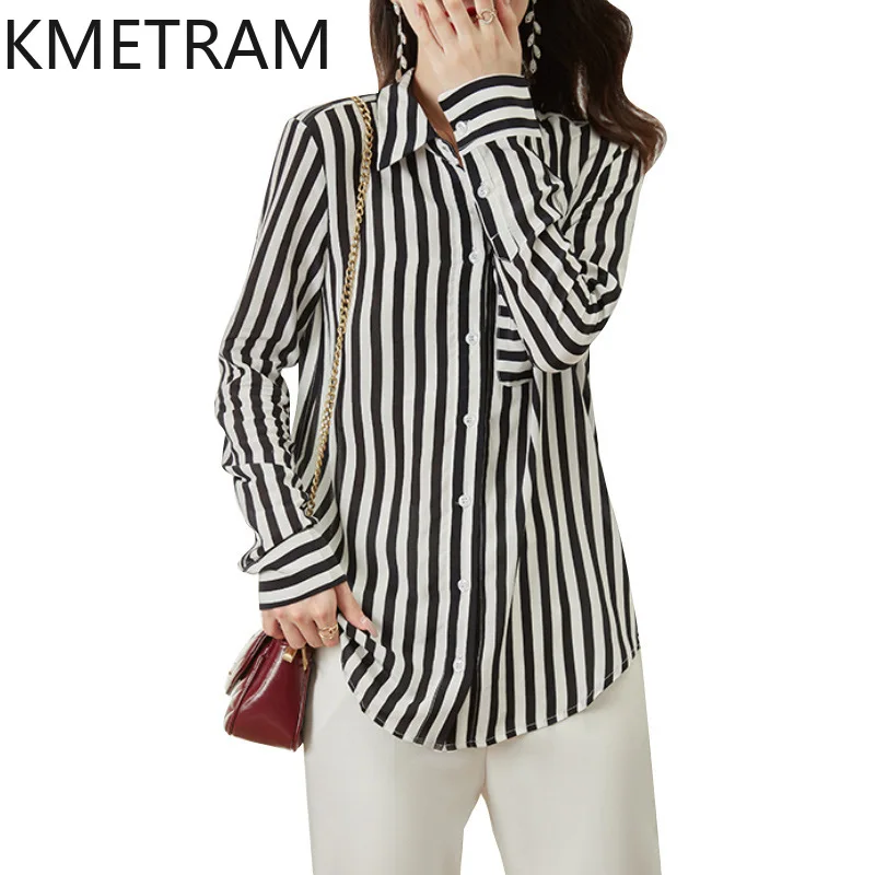 

KMETRAM 100% Mulberry Silk Shirts for Woman Fashion Black White Striped Ladies Tops New Spring Blouse 2026 Women Clothes рубашка