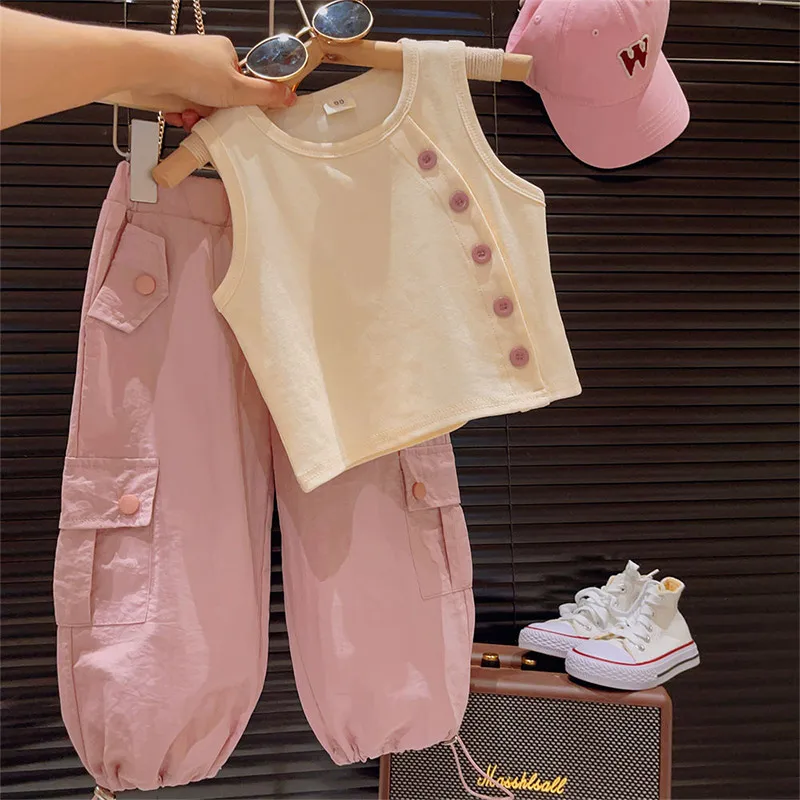 

Summer Elegant Fashion Harajuku Slim Fit Undershirt Loose Casual All Match Cargo Pants Solid Button Two Piece Set Girls' Set