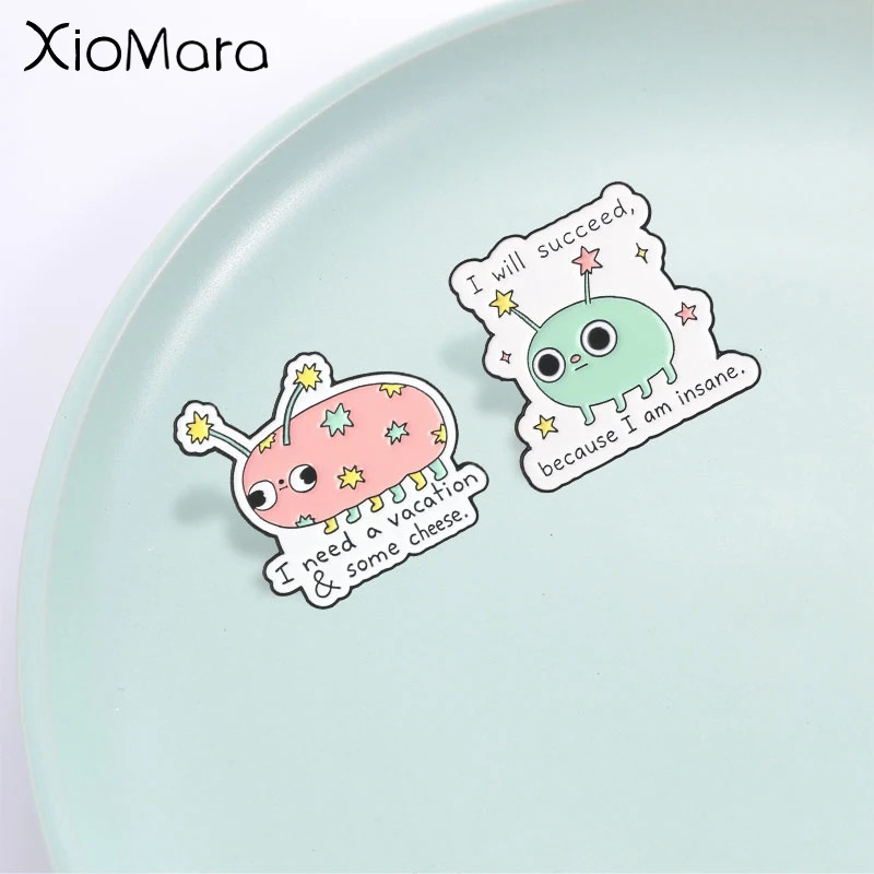 Cute Cartoon Weird Alien Bug Badge, Funny Go Crazy Text Quote Enamel Pin, Fashion Clothes and Bags Accessory, Gift for Friends