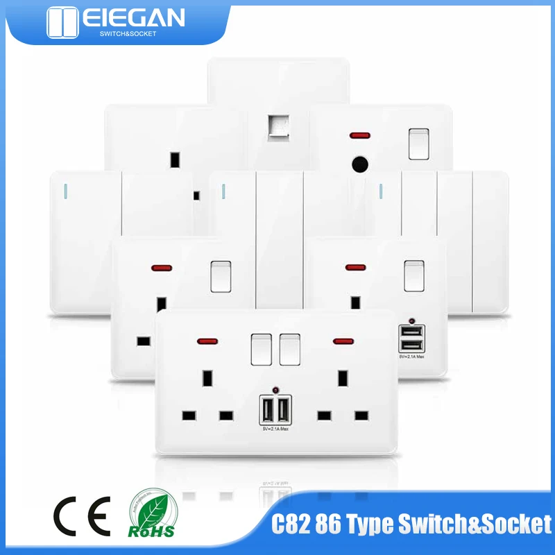 

86*86mm EU UK Standard USB Outlet 3.1A 5V Type-C USB Wall Power Socket PC Panel Global Light Switch Dual Socket AC110-240V