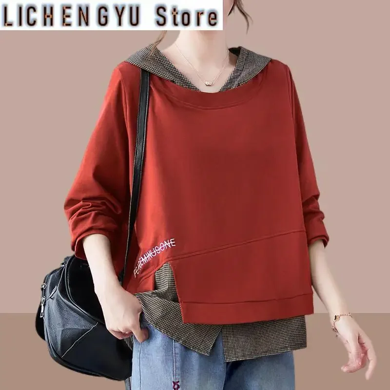 Fashion Fake Two Pieces Plaid Embroidery Hooded Sweatshirts Women Clothing Autumn New Loose Korean Tops Casual Sweatshirts