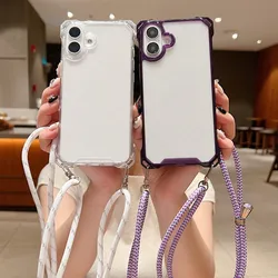Crossbody Strap Case For iPhone 16 Pro Max 17 13 12 14 15 Pro Plus Luxury Four Corner Hook Lanyard Clear Outdoors Travel Cover