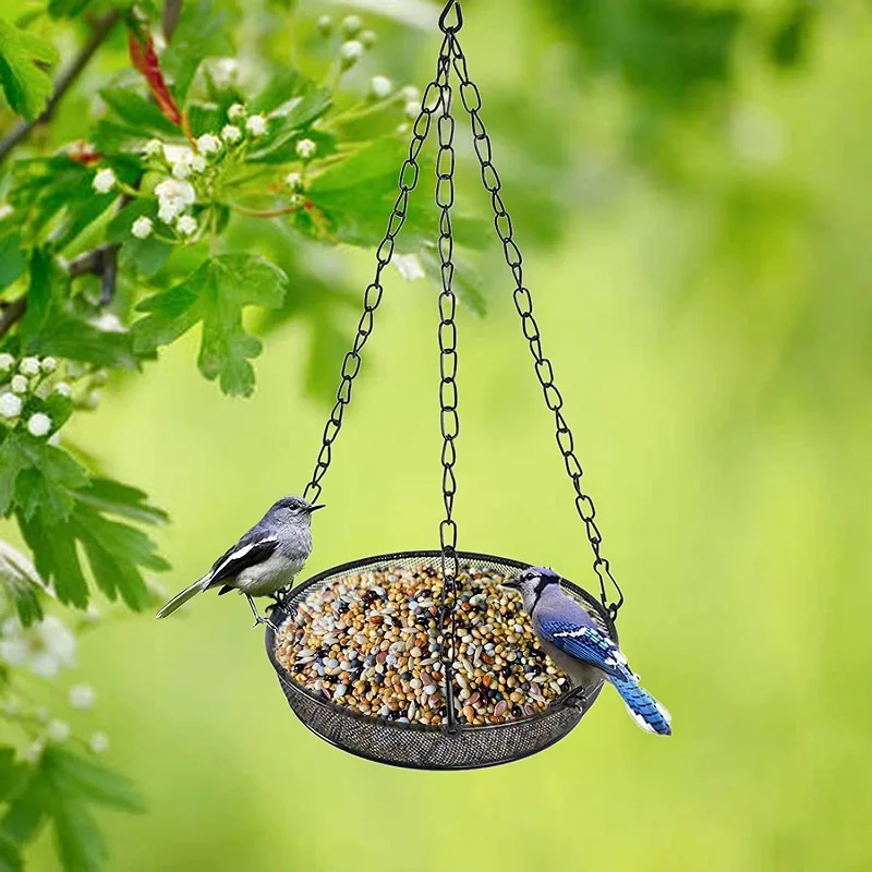 Hanging Bird Feeder Tray with Strong Double-Loop Hanging Chains | Durable Steel Hanging Platform Bird Feeder Dish 7.9 inch (Dia)