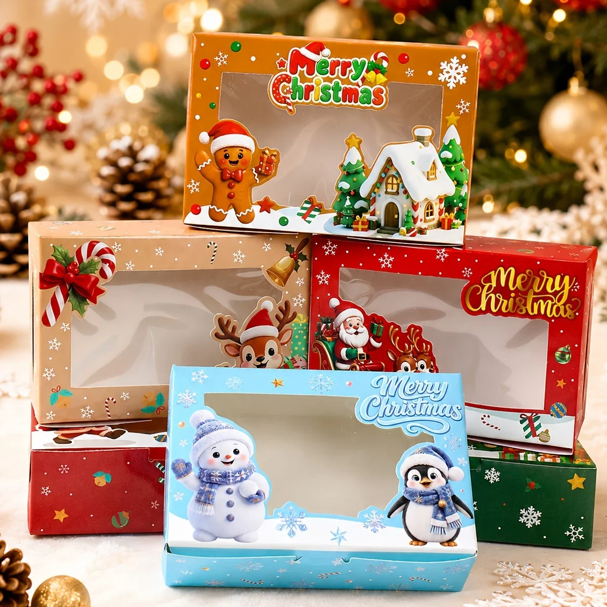 6pcs Party Supplies Set, Christmas Paper Gift Boxes with Window, Cartoon Santa Claus Snowman Mixed Rectangular Gift Boxes