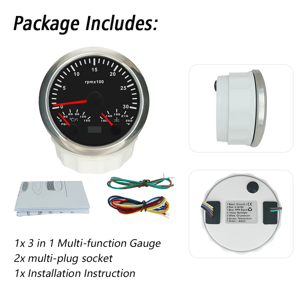 ELING 85mm 3 in 1 Tachometer 0-6000RPM 0-8000RPM REV Counter Gauge with Oil Pressure Water Temp 12V 24V with Backlight for Cars
