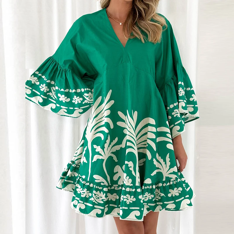 Casual Flared Sleeves Pleated Mini Dress 2025 Fashion Pattern Print Party Dress Women Elegant V-neck Ruffle Loose A-Line Dresses