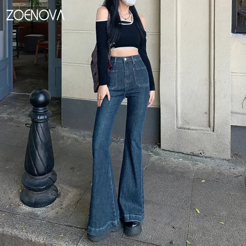 ZOENOVA Y2K 2023 Vintage Blu A Vita Alta Donna Jeans a Figura Completa Gamba Larga Flare Pantaloni Famale Strecth Denim Streetwear Abbigliamento