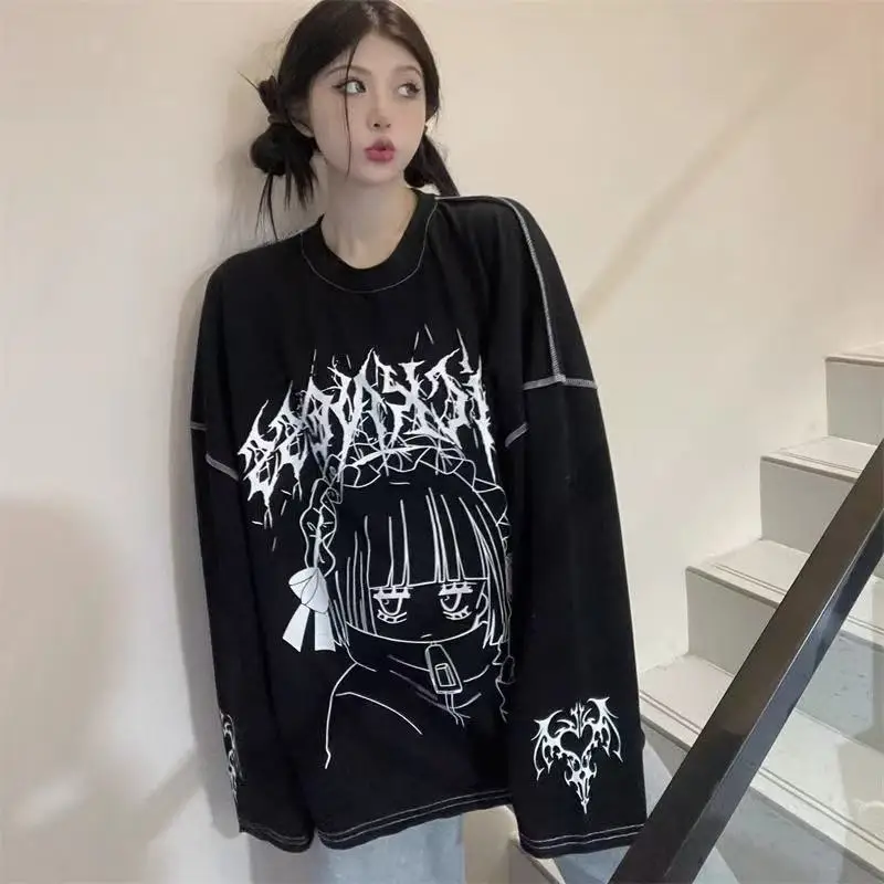 Long-sleeve Korean and Japanese style two-dimensional girl dark letter printed loose slimming T-shirt for spring and autumn