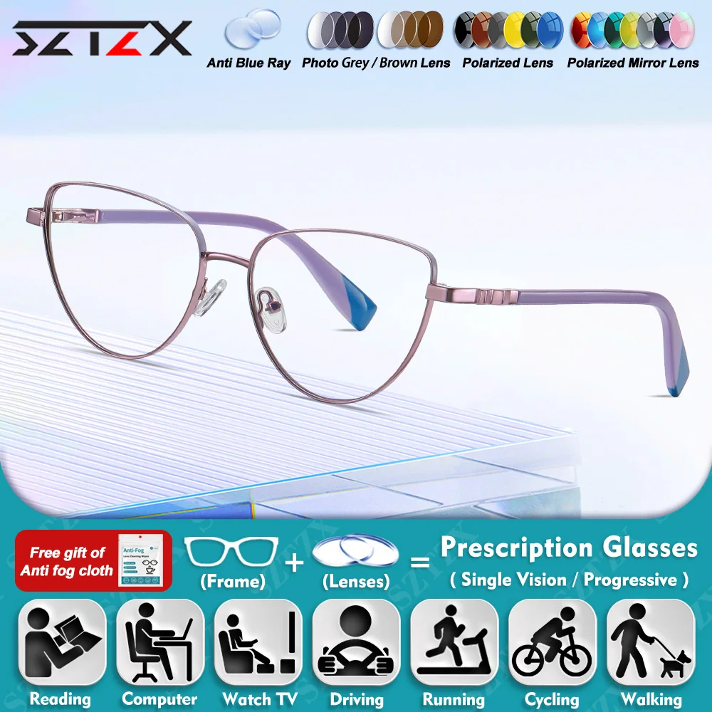

SZTZX New Fashion Cat Eye Frame Design Reading Glasses Women Anti Blue Ray Progressive Eyeware Prescription Myopia Photochromic