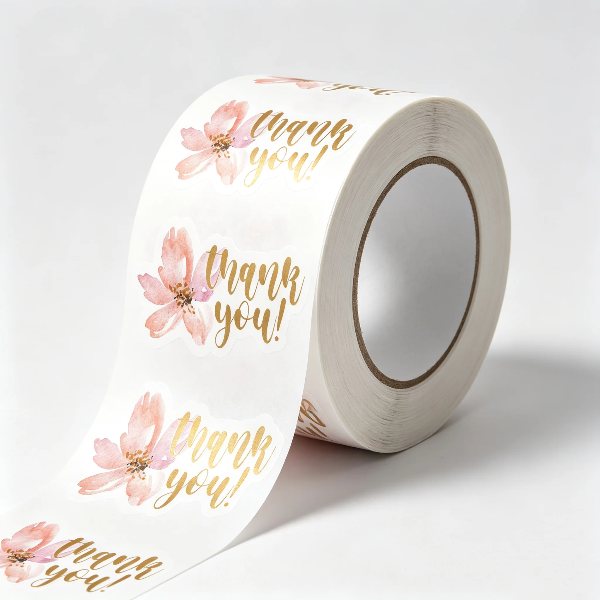 200 Labels on Roll Thank You Sticker, Blush Pink Flower Happy Mail Shop Package Labels, Watercolor Gold Flower Envelope Seals