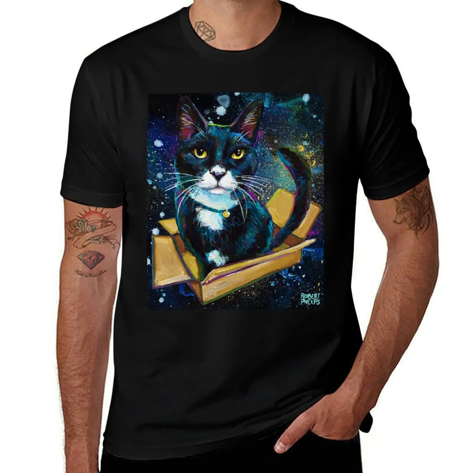 Tuxedo Cat in Space by Robert Phelps T-Shirt Sun Protective Outdoor Tee Top