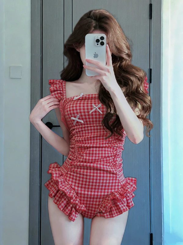 

Новый слитный купальник в клетку с узлом для женщин: консервативный, для небольшой груди, стройнящий, для студенток, в стиле Pure Desire, класса люкс, Hot Spr...