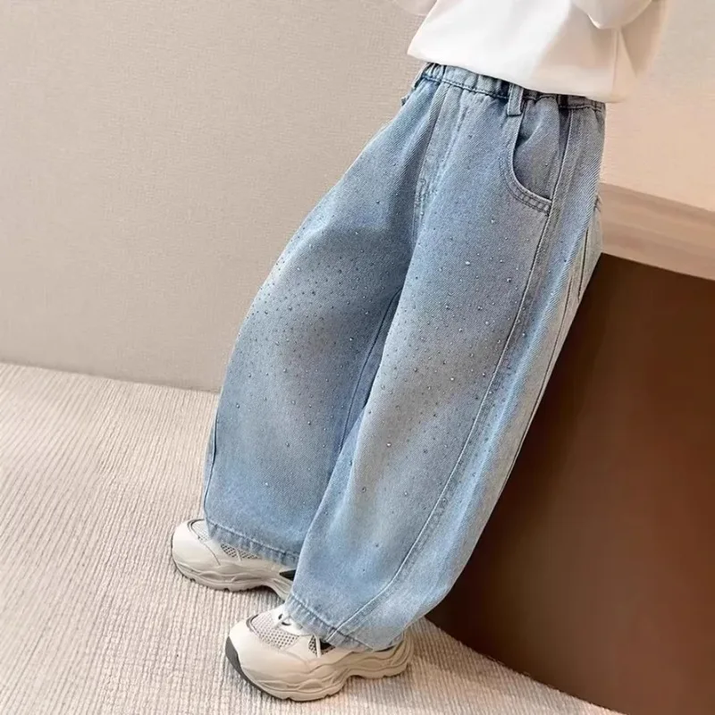 2026 Spring Autumn Kids Girl Jeans UNITIM Trendy Loose Casual Kids Denim Pants with Embellishments Children Girls Shiny Trousers