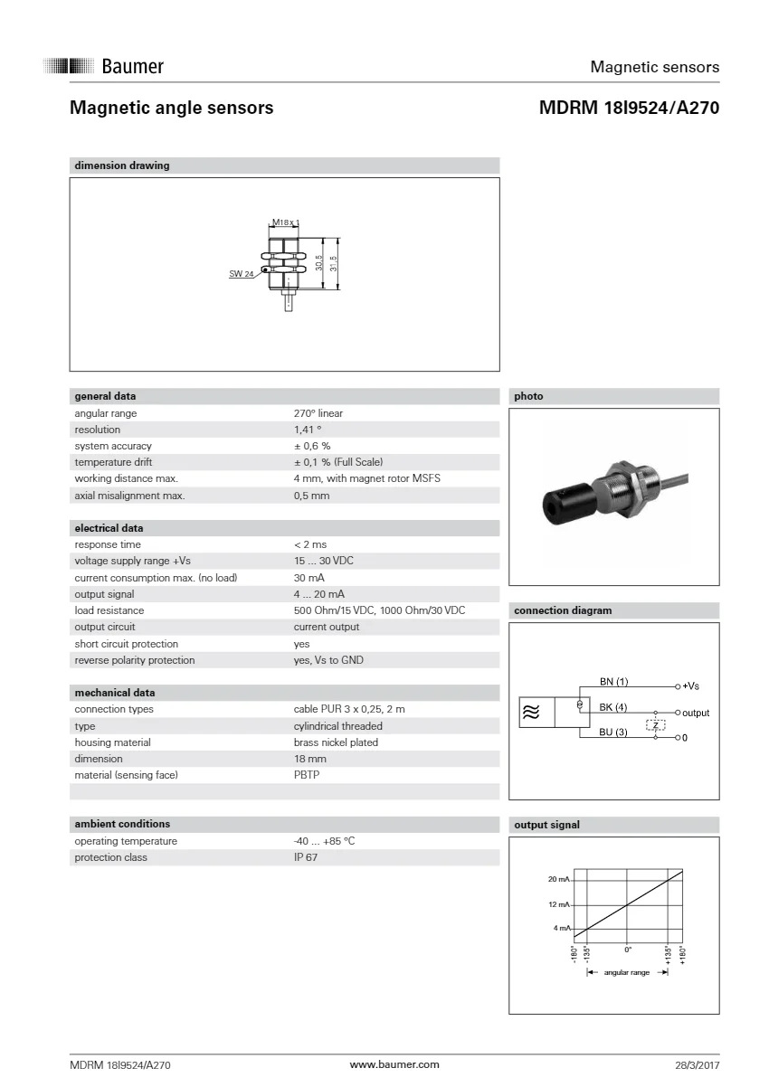 Baumer Magnetic angle sensors MDRM 18I9524/A270 10163170