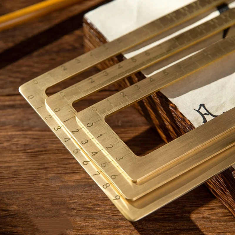 Solid Brass Ruler Paperweight with Scale Grid Frame for Calligraphy Painting Practice Gift Gift Giving for Personal Use