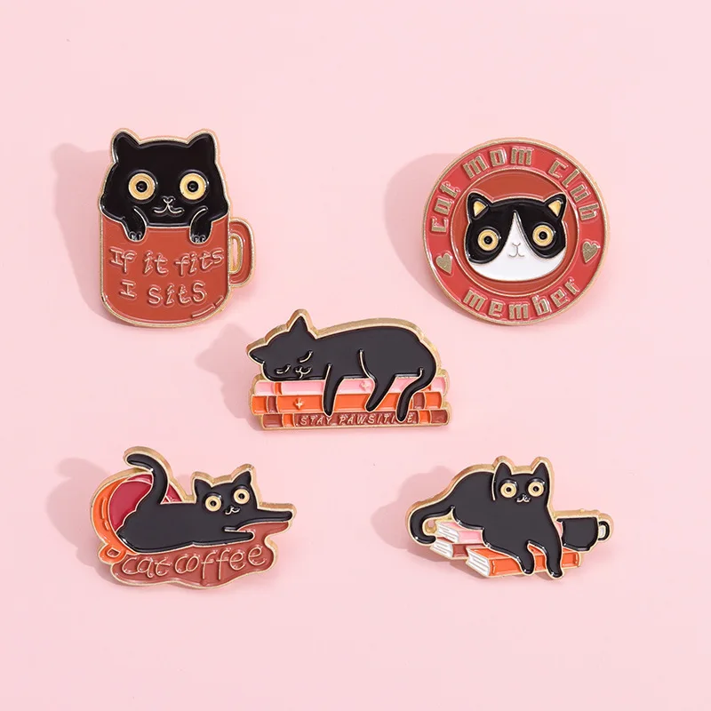 Cute Black Cat Enamel Brooch Dagger Cat Wreath Plant Rose Book Coffee Cat Fish Bag Creative Animal Metal Badge Lapel Pin Jewelry