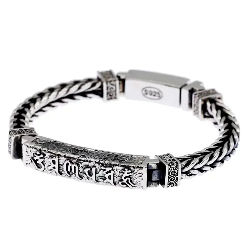 Fashion brand ornament sterling silver Thai silver bracelet vintage six word mantra hemp rope bracelet personality fashion Men