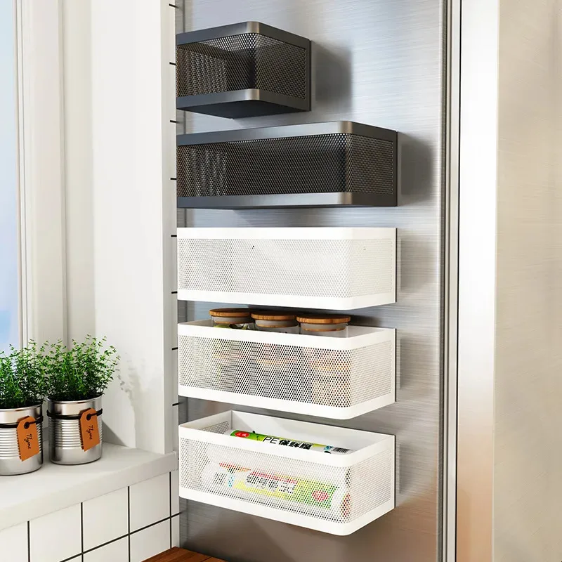 

Magnetic Refrigerator Side Storage Rack Iron Space Saving Side Hanging Basket Kitchen Organizer Shelf Household Summary Holder