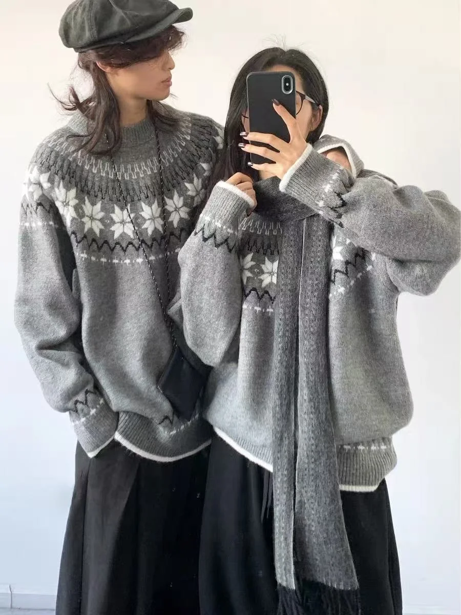 

Вязаный свитер унисекс в стиле ретро с цветочным принтом, свободный крой, осенне-зимний, в стиле фейр-айл, повседневный, из полиэфирного волокна