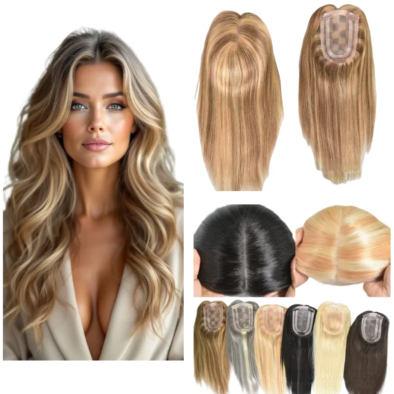 Hand Tied Human Hair Topper Women Mono Pu Base 4x6inch 12-14inch Middle Part Color #613 Bright Blonde
