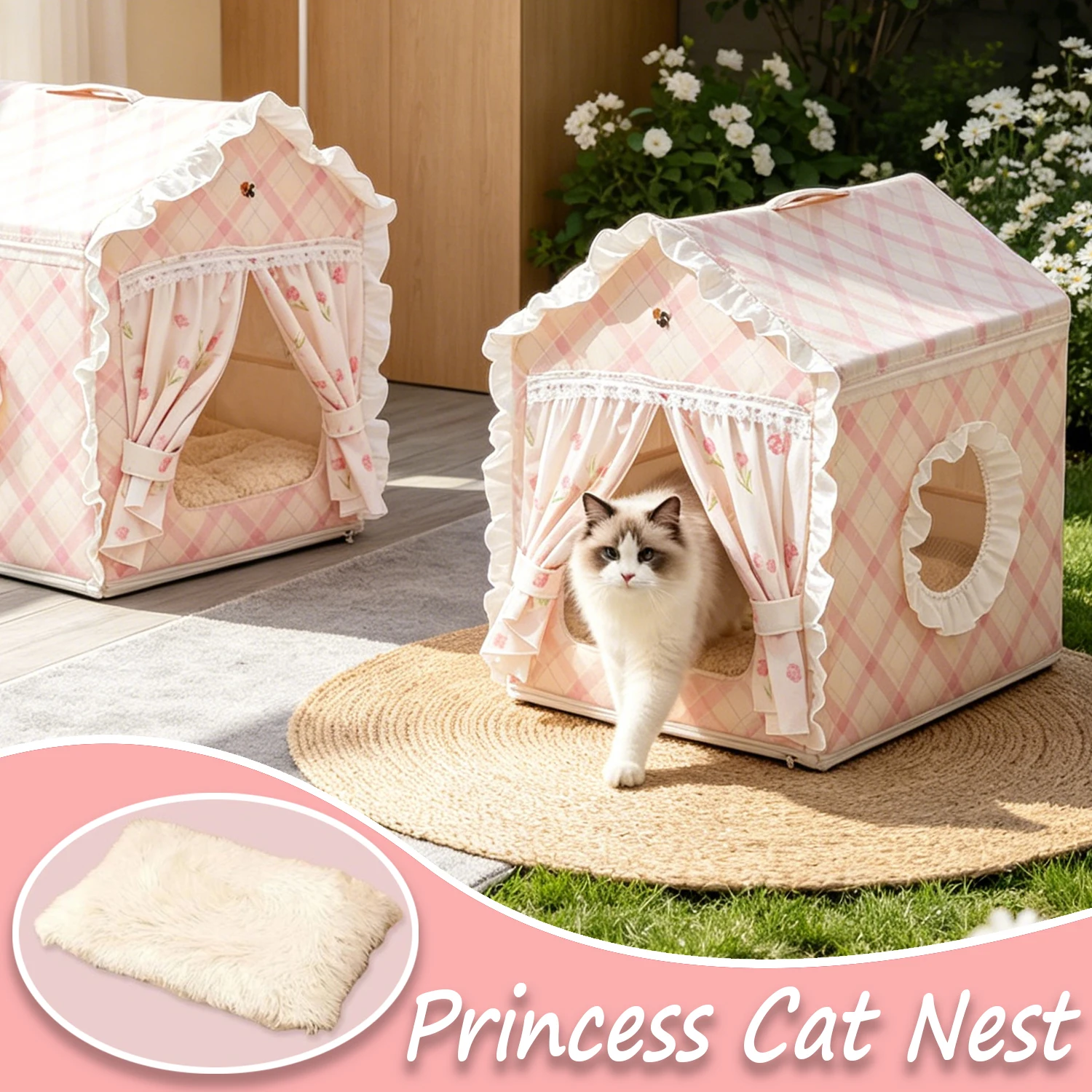 1 Stück Prinzessinnen-Katzennest mit Plüschpolster, Halbgeschlossenes Katzenhaus, Abnehmbares Waschbares Faltbares Katzenbett mit PVC-Kunststoffrahmen