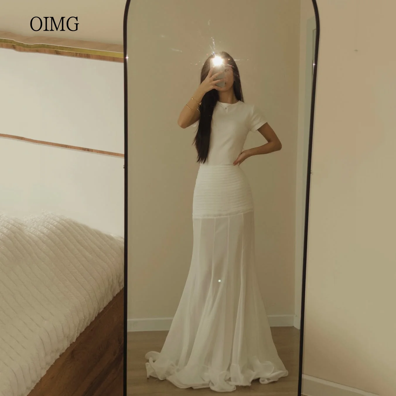 

OIMG Simple O Neck Mermaid Prom Gowns Ruffles Hemline Formal Party Gown Chiffon Floor Length Evening Dress Customized