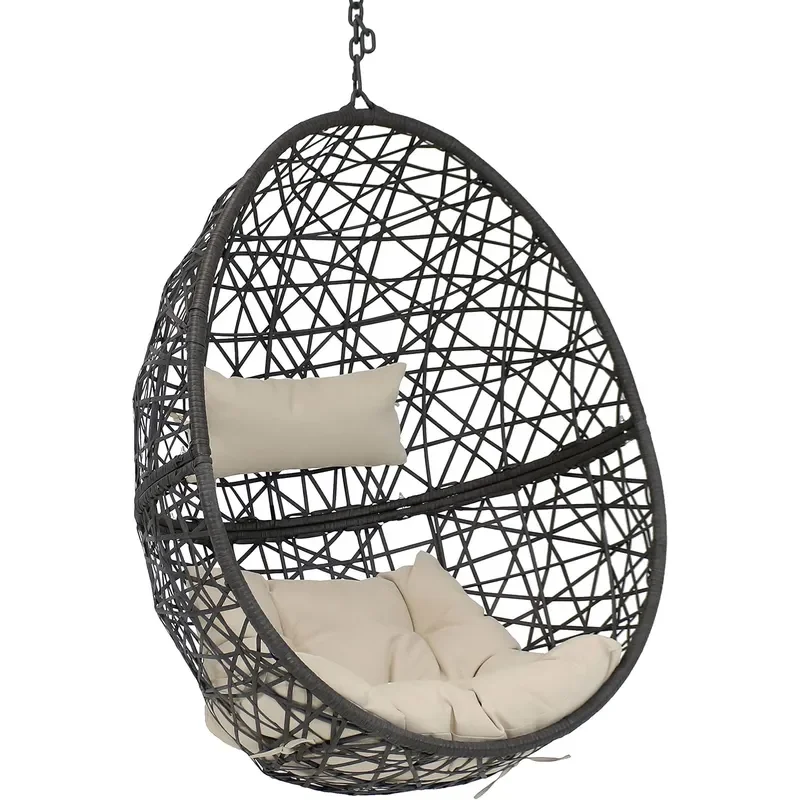 Caroline Hanging Resin Wicker Egg Chair 265 Pound Weight Capacity Removable Beige Polyester Cushions