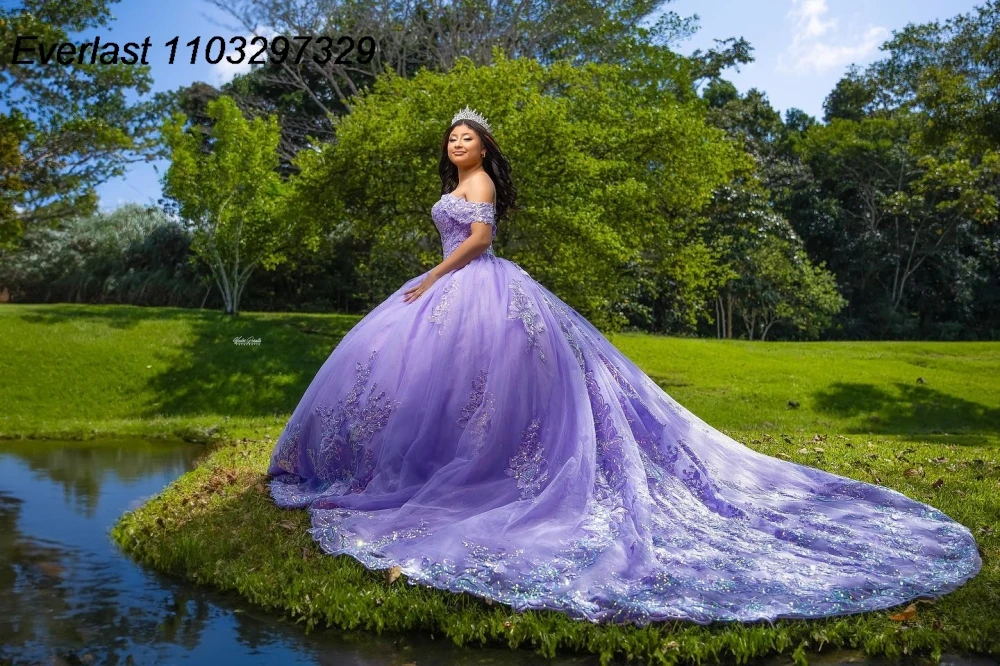 EVLAST Aangepaste Glitter Lavendel Quinceanera Jurk Baljurk Kant Applique Kralen Corset Sweet 16 Vestido De 15 Anos QD1184