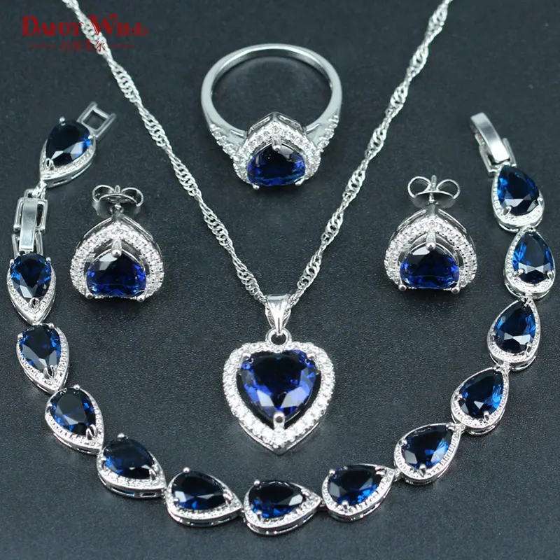 Sapphire Blue 925 Silver Jewelry Sets Heart Stone Party Bridal Jewellery Wedding Rings Earrings Pendant Necklace For Women