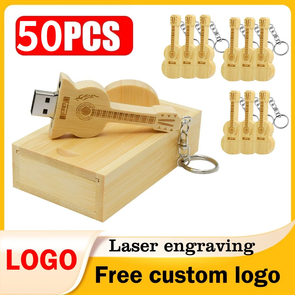 

50 шт./лот, флеш-накопитель USB в форме гитары из дерева с цепочкой, 4 ГБ, 16 ГБ, 32 ГБ, 64 ГБ, 128 ГБ, с бесплатной гравировкой логотипа