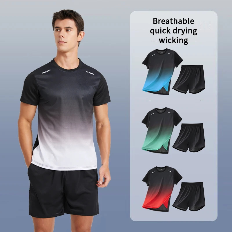 Summer Men Gradually Color Fast-drying Short-sleeved Shorts Sports Suit Teenagers Leisure Running Fitness Relaxed Plus-size Suit