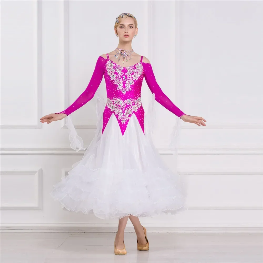 Vestidos De Fiestas Elegantes Joven Tailor Made Long Ballroom Dancing Dress Smooth Modern Dance Pink White Color for Competition