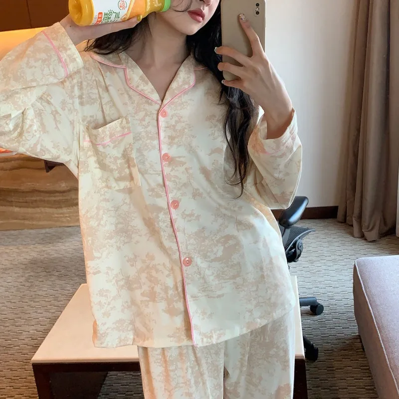 2024 New Spring Summer Long-sleeved Sleepwear Satin Flour Buckle Printing Pajamas V-neck Loose Homewear Sweet Loungewear Suit