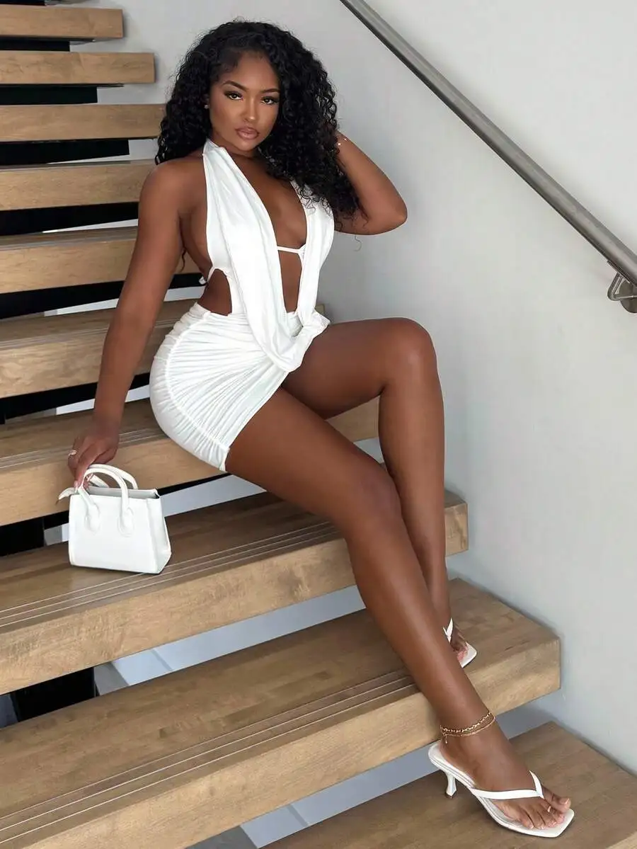 

White Halter Neck Mini Dress with Cut-Outs and Ruched Skirt