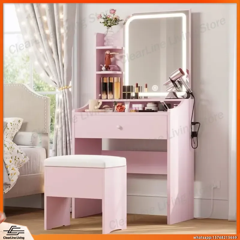 Small Makeup Vanity Desk with Mirror and LED Lights Storage Drawer Chair and Three Shelves Bedroom Dressing Table Vanity Set