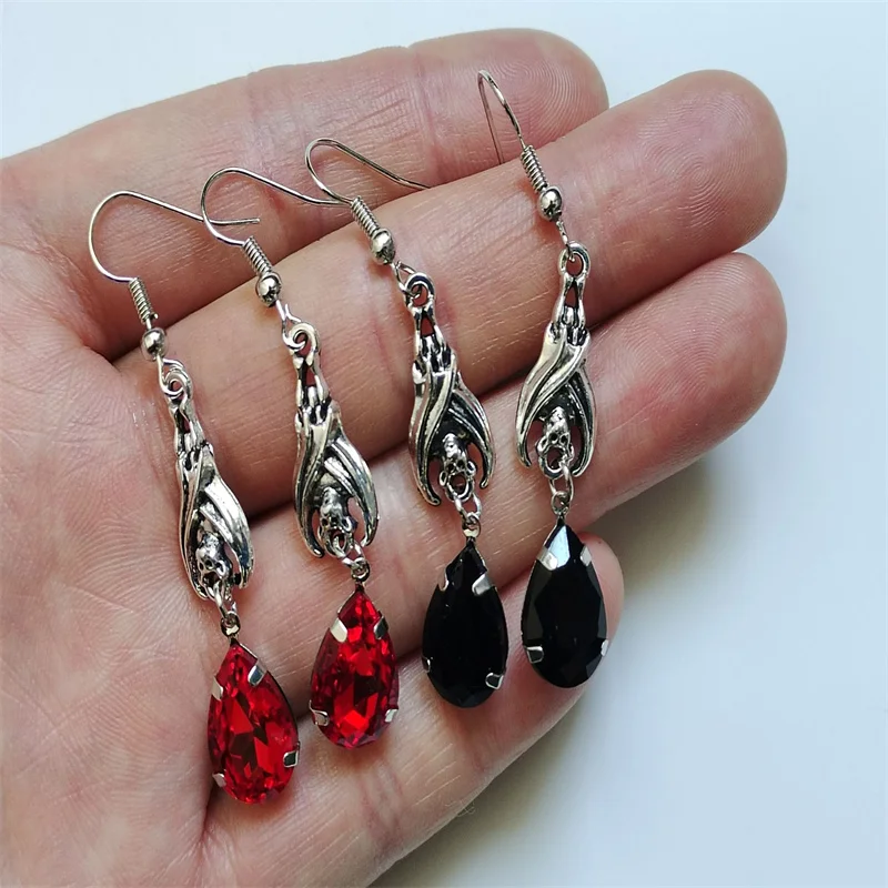 Dark Ruby Red/Garnet Crystals Dangle/Drop Earrings Vampire Queen Hanging Bat Gothic Victorian Bridal Wedding Alternative Jewelry