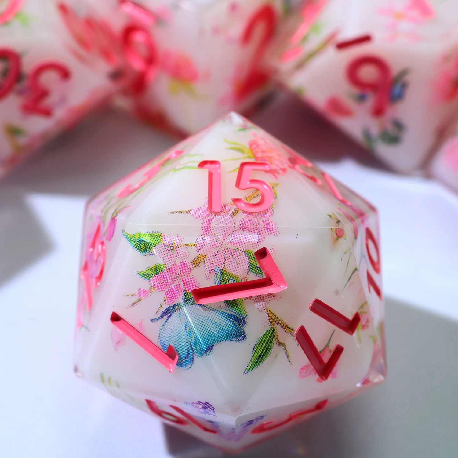 

Pink Blossom Fantasy DND Dice Set-7pc Handmade Sharp Edge Resin RPG Dice for D&D Enthusiasts
