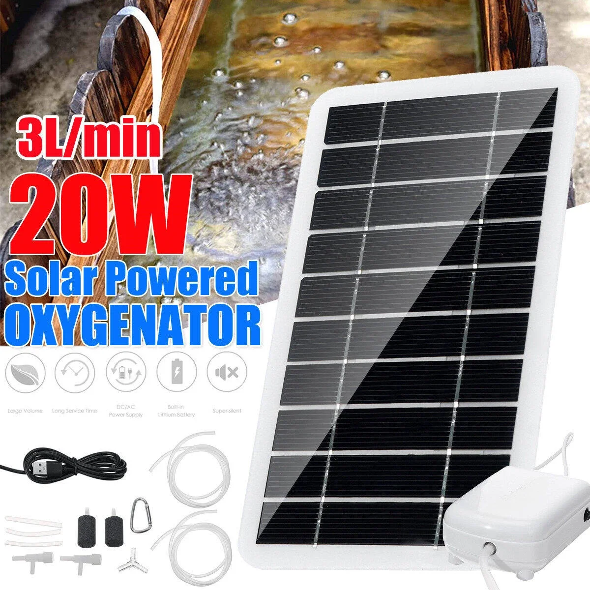 20W Solar Power Oxygenator DC 5V Water Oxygen Pump Pond Aerator Aquarium Air Pump Solar Panel + Oxygen Pump Set For Fish Tank