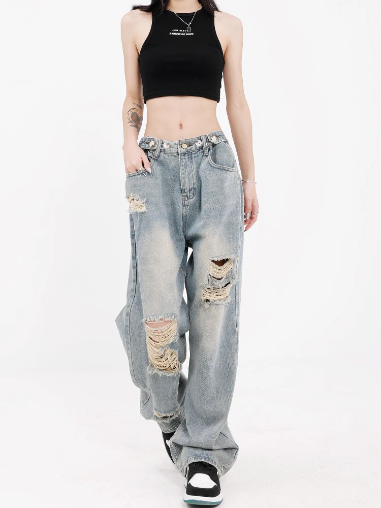 

Women's Blue Baggy Y2k Ripped Jeans Vintage Harajuku Trashy Denim Trousers Aesthetic Cowboy Pants Japanese 2000s Style Clothes