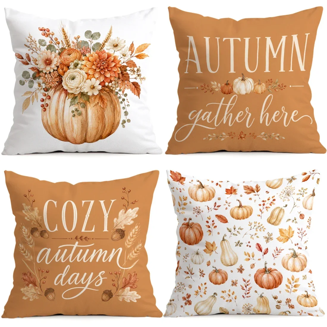 Fall Pumpkin Floral Throw Pillow Covers 4 Pcs Set Autumn Harvest Cushion Case Home Decor Sofa Couch Bed Thanksgiving
