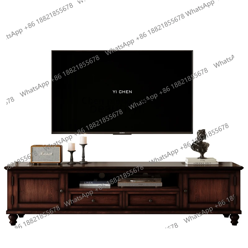 

American TV Cabinet Solid Wood Rubber Wood Floor 2 M TV Stand Living Room Home Retro Floor Cabinet