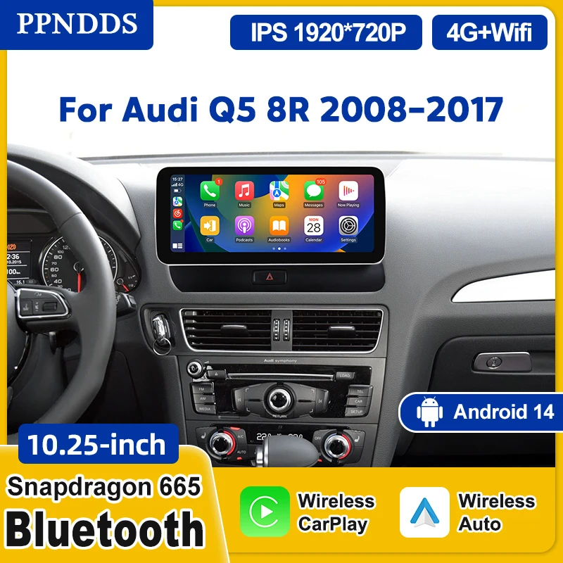 PPNDDS Android 14 Auto Carplay Monitor for Audi Q5 8R 2008-2017 Touch Screen Car Radio with Bluetooth WiFi 4G GPS Smart Systems