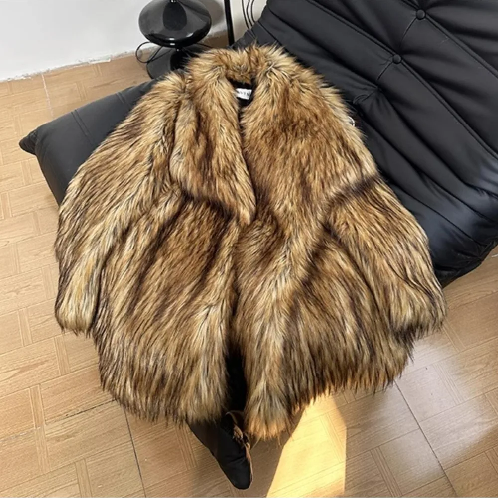 ฤดูหนาวGradientทองสีน้ําตาลยาวHairy Shaggy Raccoon Faux Fur Coatผู้หญิงFurry Lapel Furry Midiยาวหลวมขนาดใหญ่Outerwear