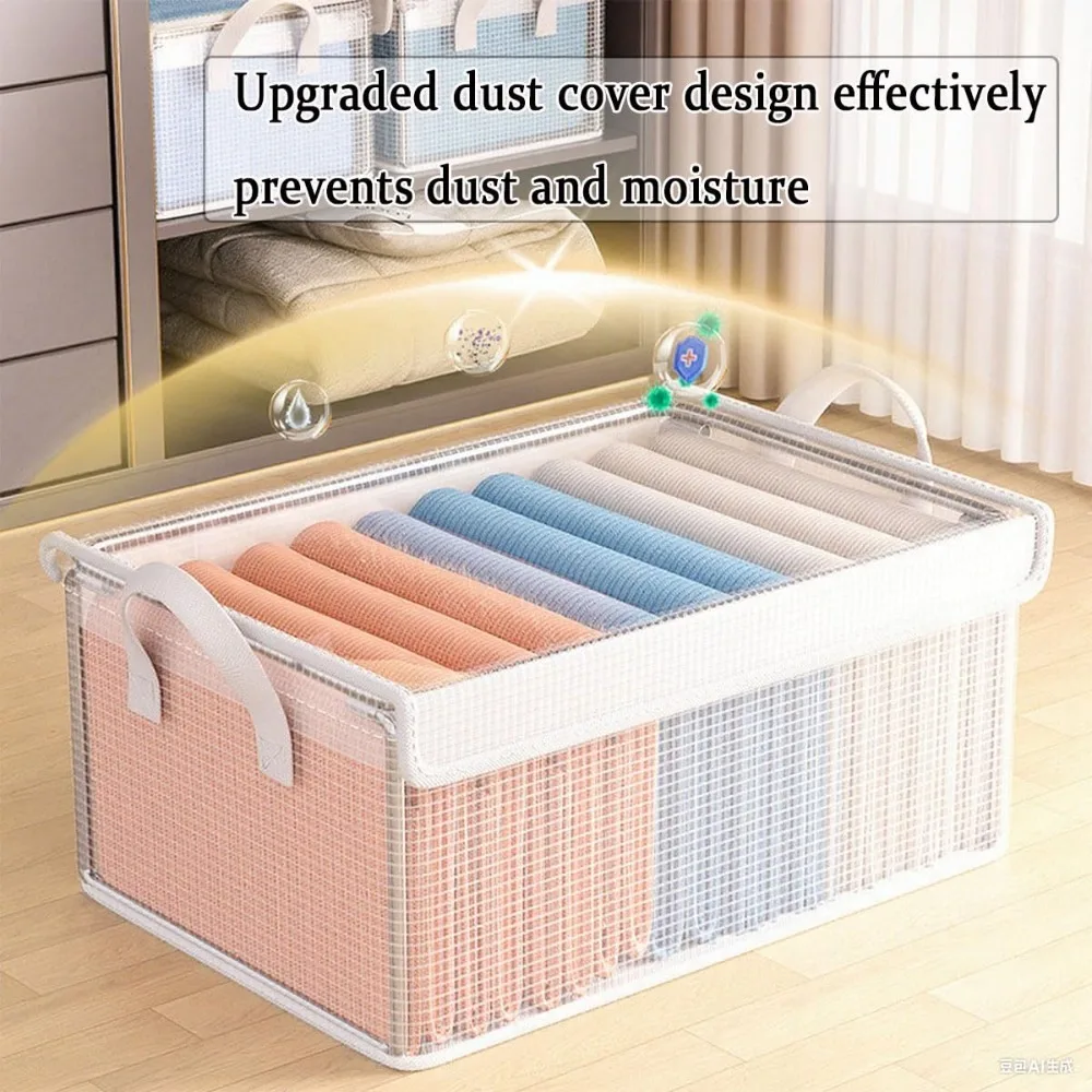 Caixas Organizadoras Dobráveis de PVC Transparente com Estrutura de Aço Resistente, Empilháveis, para Suéteres, Brinquedos, Cobertores, com Tampa