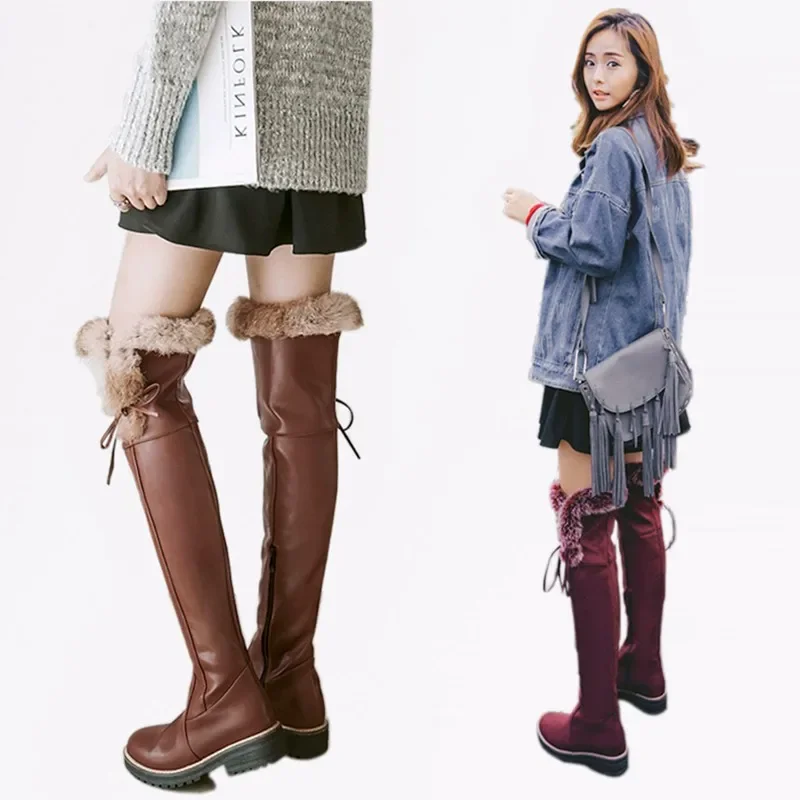 2023 new antumn winter women long boots plus size 22-26.5 cm pu/flock+cony hair over-the-knee boots  women modern snow boots