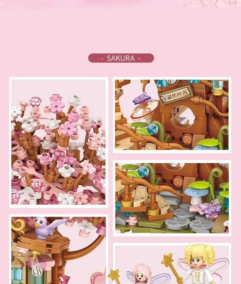 Diy casa de árvore de flor de cerejeira com partículas em miniatura montado bloco de construção modelo brinquedo bonito presente da menina brinquedo das crianças