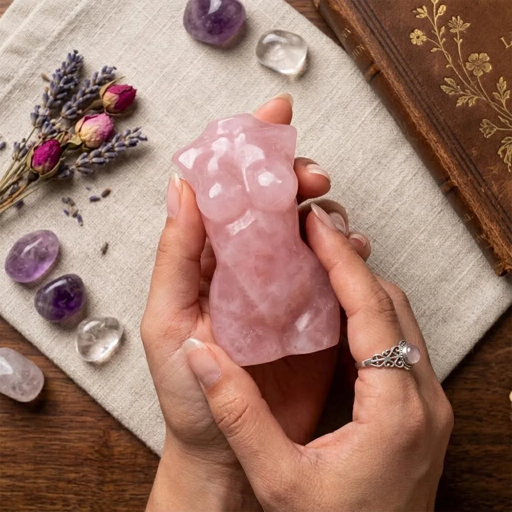 Natural Rose Quartz Goddess Statue Female Torso Carving Healing Crystal Woman Body Figure Sacred Feminine Decor