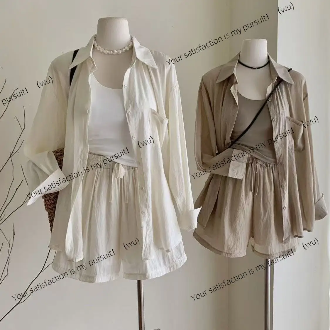 

Корейская повседневная солнцезащитная рубашка, весенне-летняя рубашка-кардиган + подтяжки + шорты с высокой талией, комплект из трех предметов